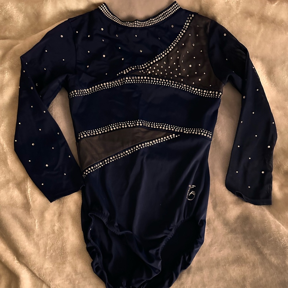 Navy blue bedazzled sparkle gymnastics competition leotard